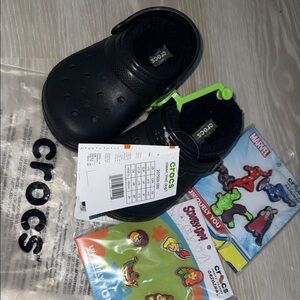 CROCS Black Clogs with Marvel and Scooby-Doo Jibbitz